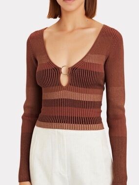 INTERMIX Rust-Brown Striped Ribbed V-Neck Long Sleeve Top with Ring Detail